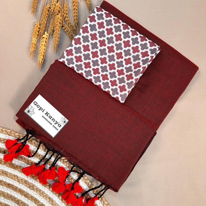 Marun Handloom Cotton Saree With Printed Blouse - Gopi Kanya