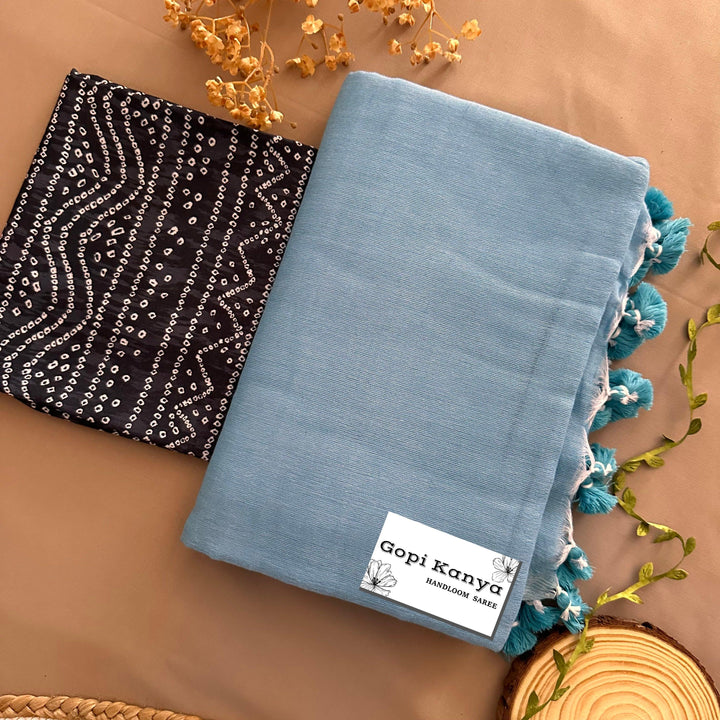Sky Handloom Cotton Saree With Printed Blouse - Gopi Kanya