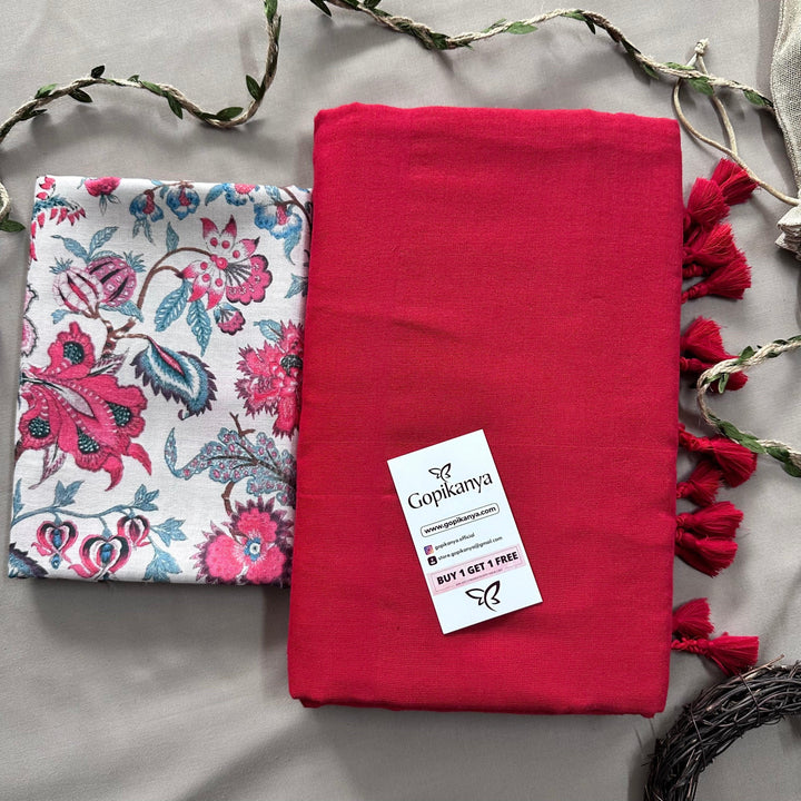 Red Handloom Cotton Saree With Flower Printed Blouse - Gopi Kanya