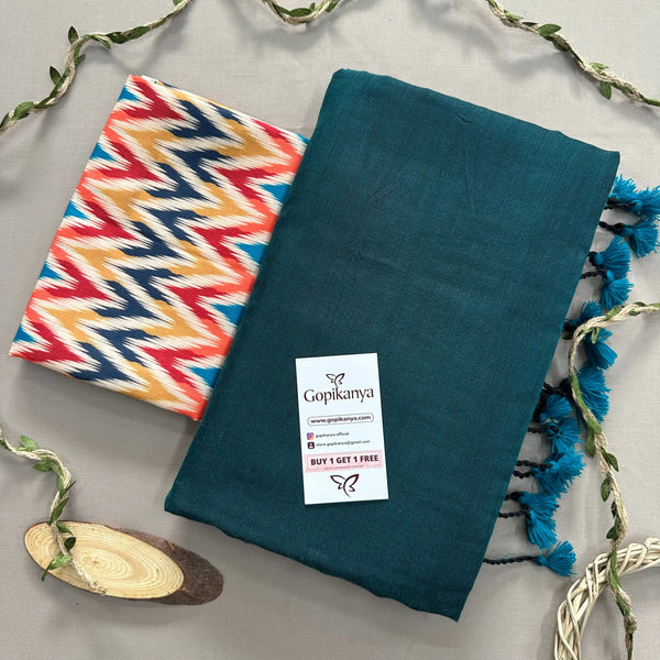 Rama Khadi Cotton Saree With Zig Zag Printed Blouse