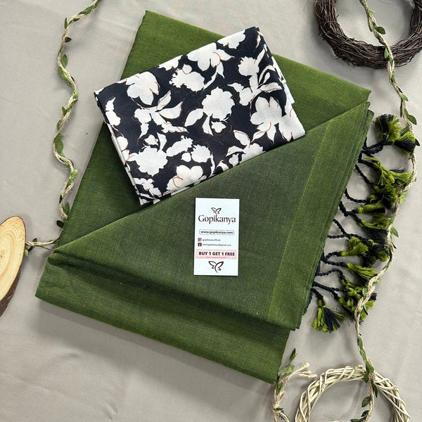 Mehndi Green  Khadi Cotton Saree With Black Printed Blouse