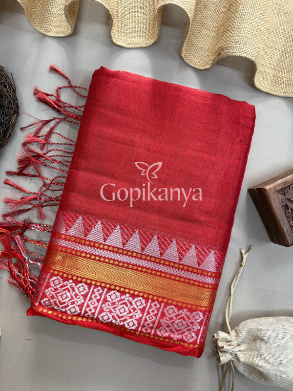 Red Temple Designe Handloom Tissue Cotton  Saree