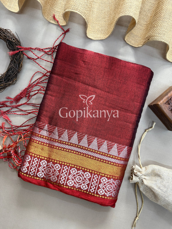 Marun Temple Designe Handloom Tissue Cotton  Saree