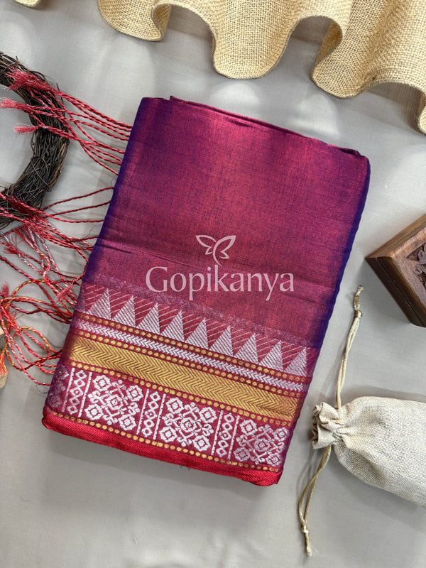 Wine Temple Designe Handloom Tissue Cotton  Saree