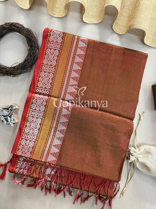 Brown Temple Designe Handloom Tissue Cotton  Saree