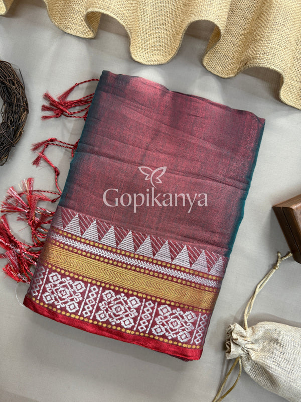 Rama Dual Tone Temple Designe Handloom Tissue Cotton  Saree