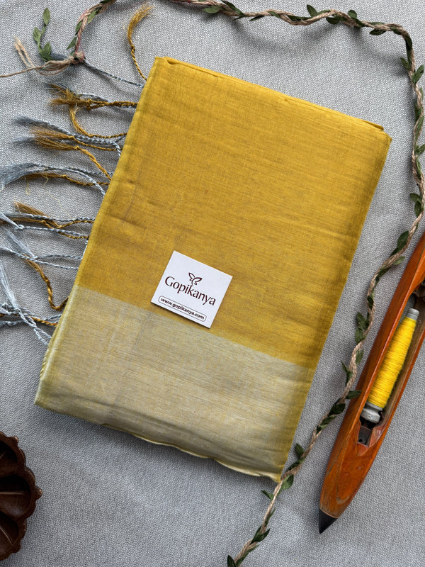 Elegant Yellow Nd Creme Handloom Tissue Cotton Saree | Gopikanya