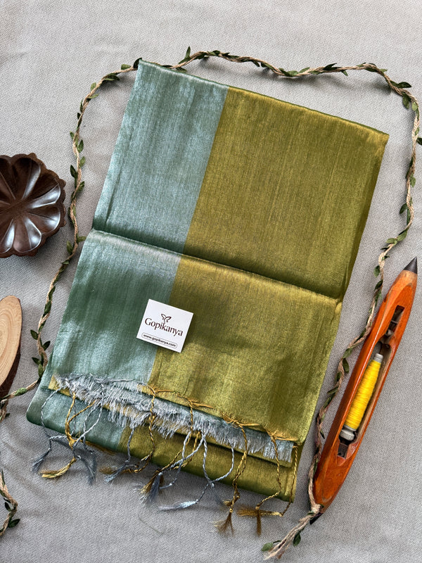 Mehndi Green Nd Pista  Tissue Cotton Handloom Saree | Gopikanya