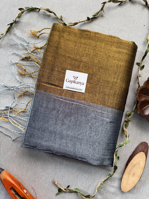 Stylish Golden Nd Grey Handloom Tissue Cotton Saree for Women | Gopikanya