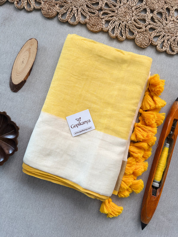Yellow and White Half n Half Mul Mul Cotton Saree for Women