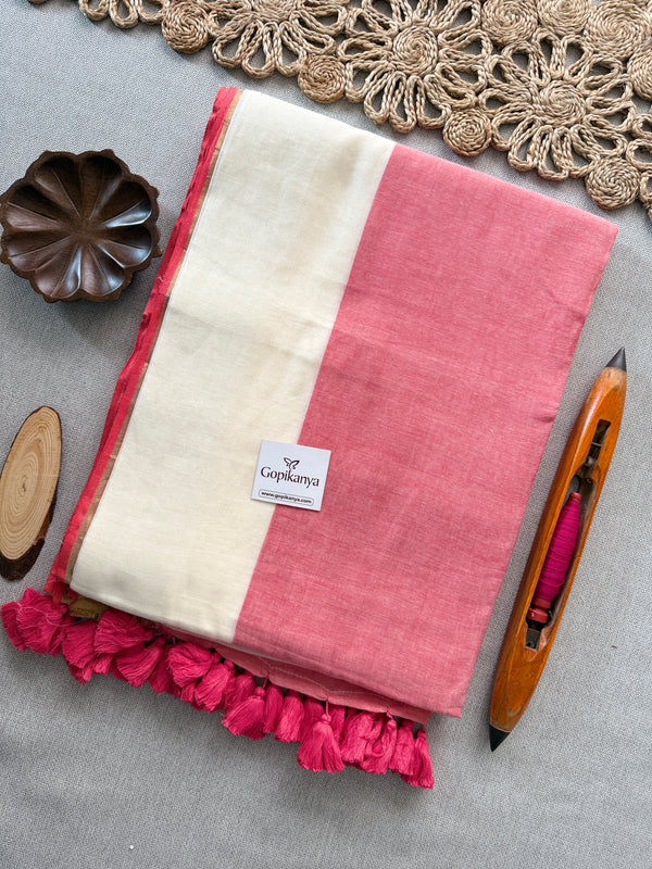 Gajri and White Half and Half Mul Mul Cotton Saree