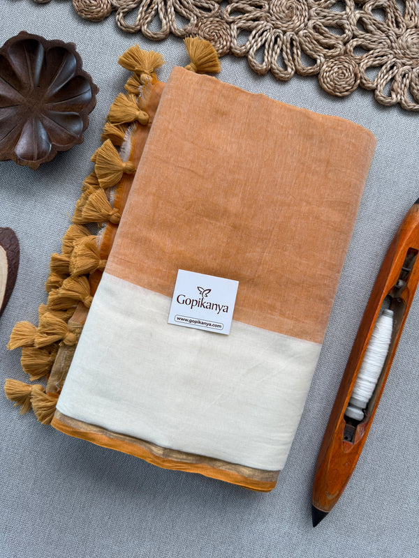 Mustard Orange and White Half n Half Mul Mul Cotton Saree for Festive Wear