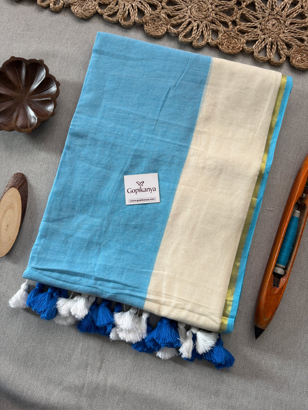 Classic Sky and Maroon Half and Half Mul Mul Cotton Saree with Border Zari Work