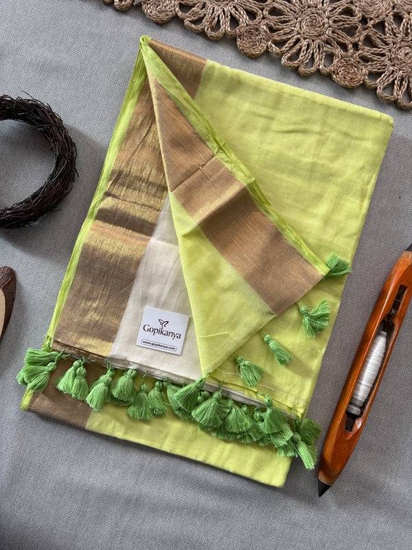 Stylish Pista and White Half n Half Mul Mul Cotton Saree for Party Wear
