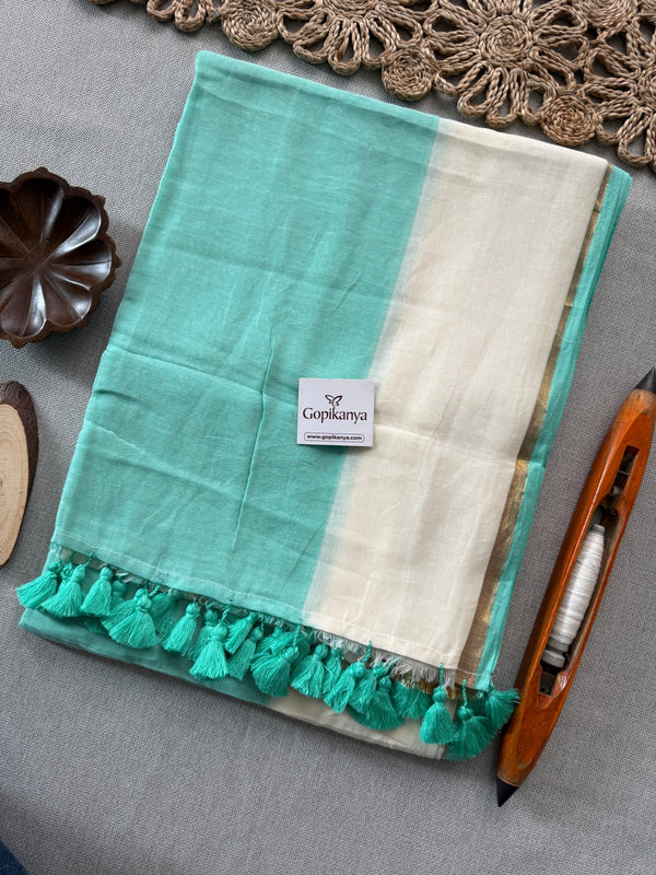 Trendy C Green and White Half and Half Mul Mul Cotton Saree for Occasions