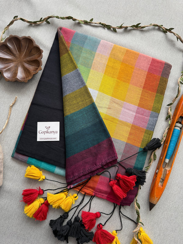 Black Handloom Pure Cotton Rainbow Design Saree – Elegant & Timeless