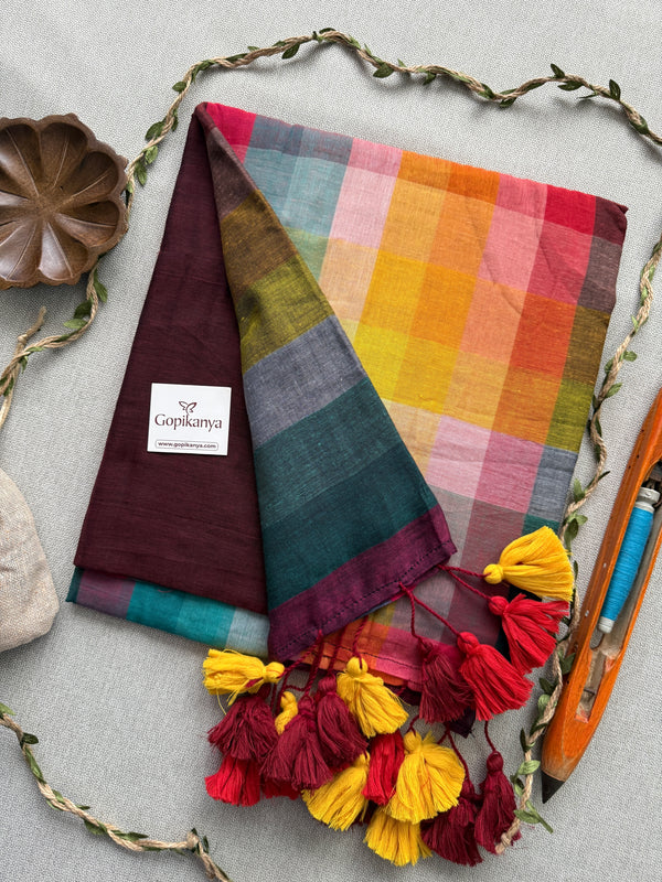 Maroon Handloom Pure Cotton Rainbow Design Saree – Classic & Festive Charm
